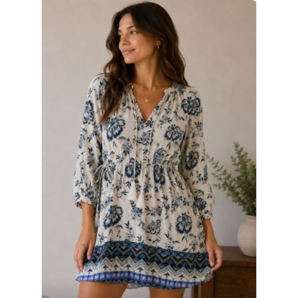 Floral Tunic Dress Small White Blue Boho Tassel Coastal Cottage Resort Peasant
